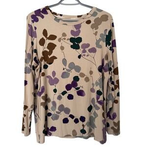 Chico's Women's Top Floral Print Long Sleeve Beige Purple Brown‎ Large